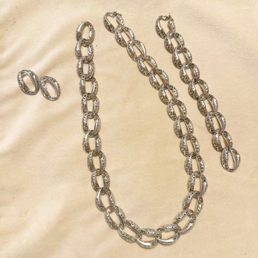 Vtg Warmet Poland 925 Sterling Silver Floral Link Necklace Bracelet Earrings Set